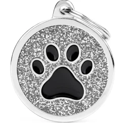 Grey Glitter Paw Circle ID Tag