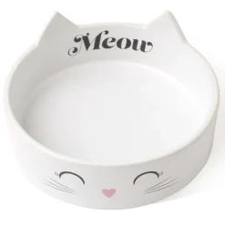 Meow Kitty Shallow Stoneware White Cat Bowl